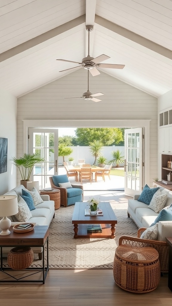 A bright coastal cottage living room with open doors leading to an outdoor patio.