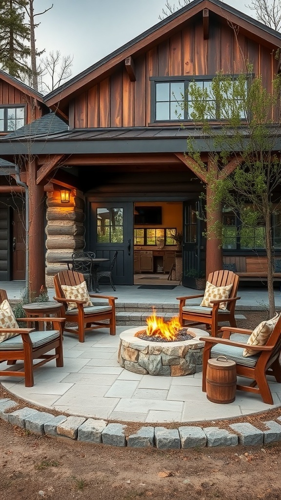 Rustic house exterior with a cozy outdoor living space featuring a fire pit and seating.