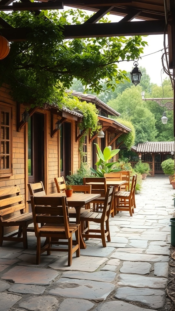 Rustic outdoor living space with wooden furniture and stone pathway