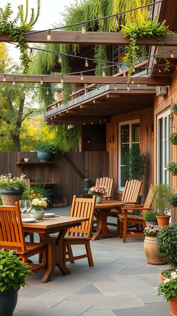 A rustic outdoor living space with wooden furniture, plants, and string lights.