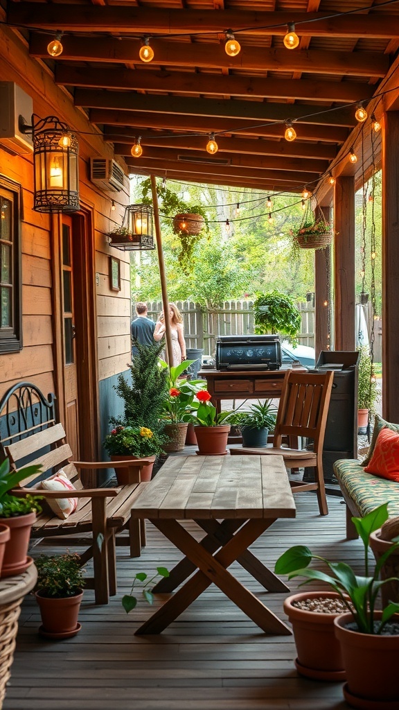 A rustic outdoor living space with wooden furniture, plants, and string lights.