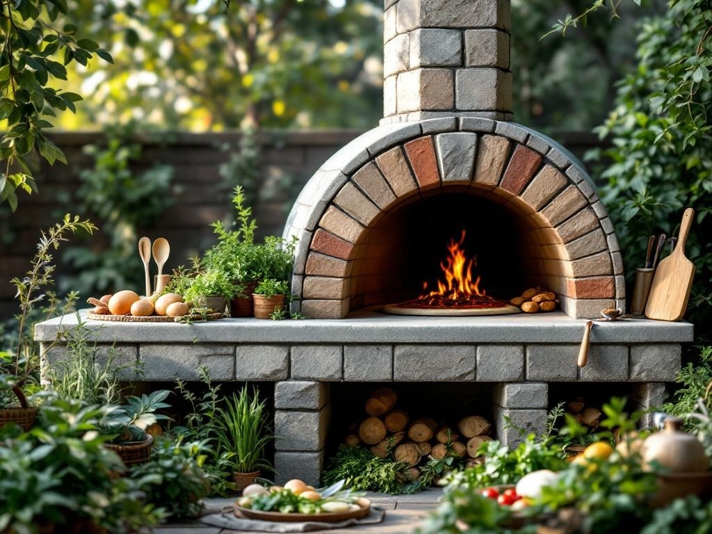 A stone outdoor pizza oven surrounded by fresh herbs and vegetables, with a fire burning inside.