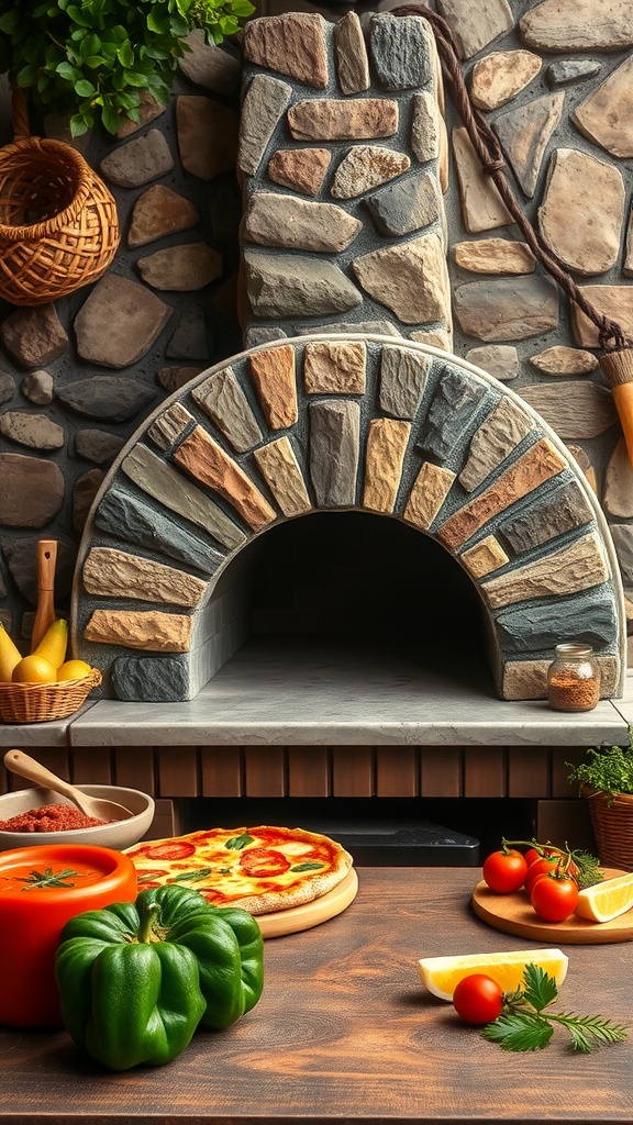 A rustic outdoor pizza oven made of stone, surrounded by fresh vegetables and herbs on a wooden table.