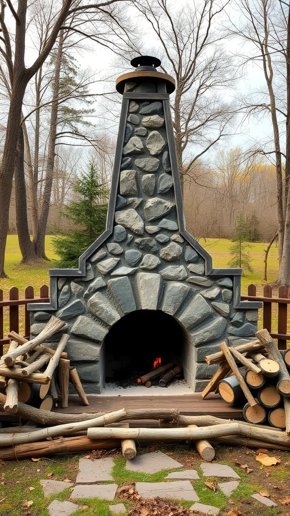 A rustic outdoor fireplace made of stone with logs stacked beside it.