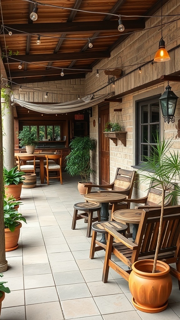 A rustic outdoor space featuring wooden chairs, tables, and potted plants.