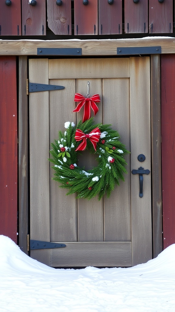 A rustic Christmas wreath with red bows hanging on a wooden door, surrounded by snow.