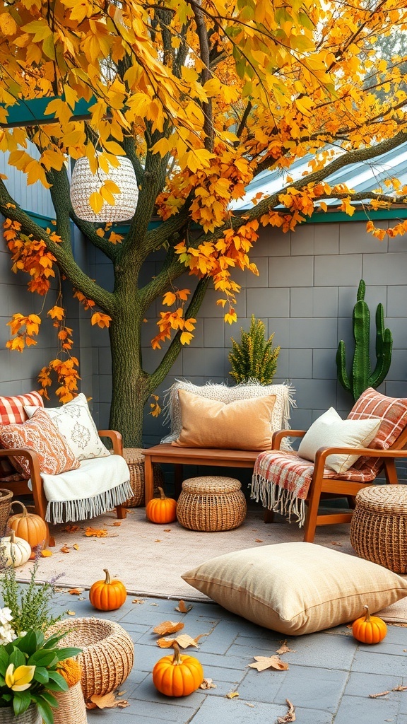 Cozy outdoor seating area decorated for fall with pumpkins and colorful leaves