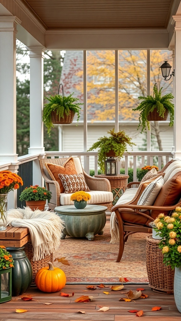 Cozy fall porch with outdoor seating, cushions, flowers, and a pumpkin.