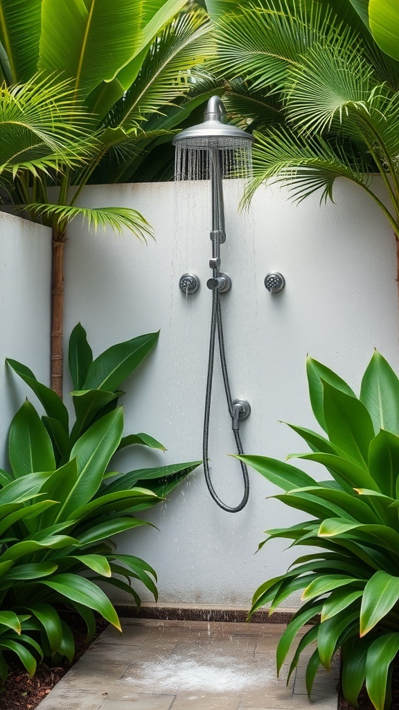 Outdoor shower surrounded by tropical plants