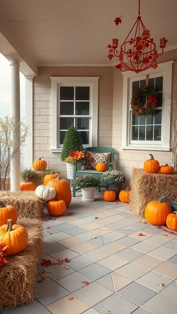 A cozy porch decorated for fall with pumpkins, hay bales, and autumn leaves.