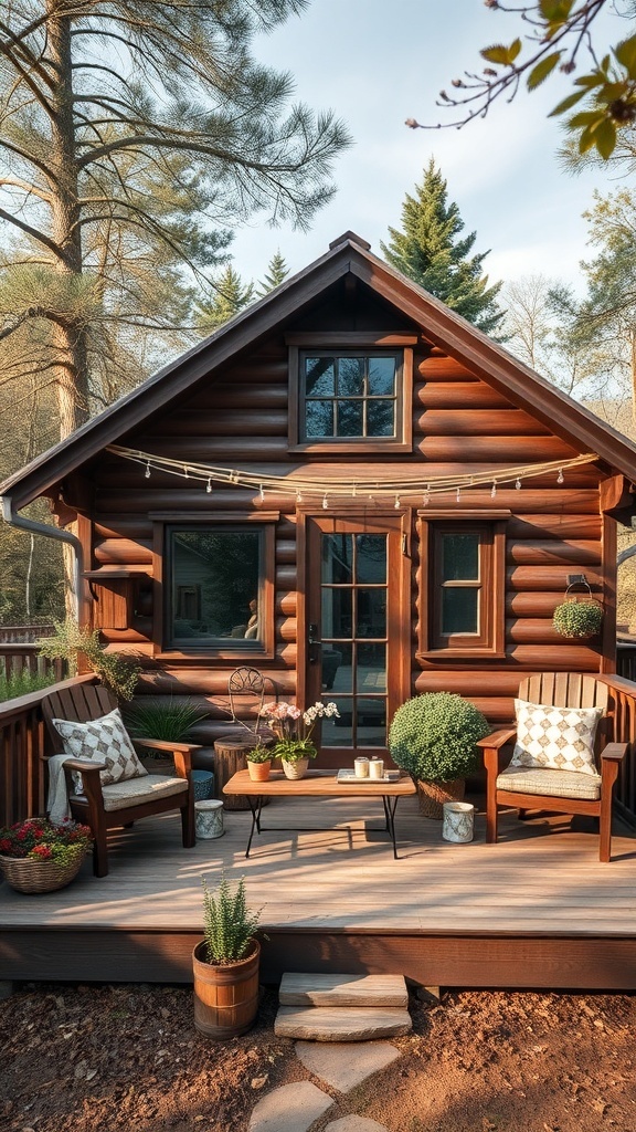A rustic tiny house with a wooden deck, chairs, and potted plants.