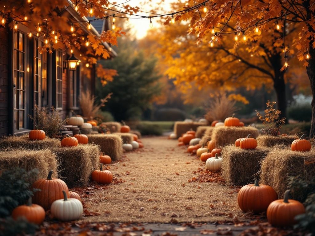 A cozy outdoor Thanksgiving decor scene with pumpkins, hay bales, and string lights.