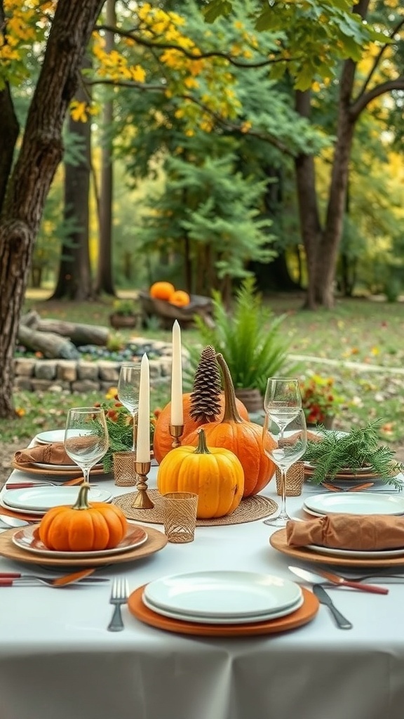 A beautifully arranged outdoor Thanksgiving table with pumpkins, candles, and elegant tableware surrounded by trees.