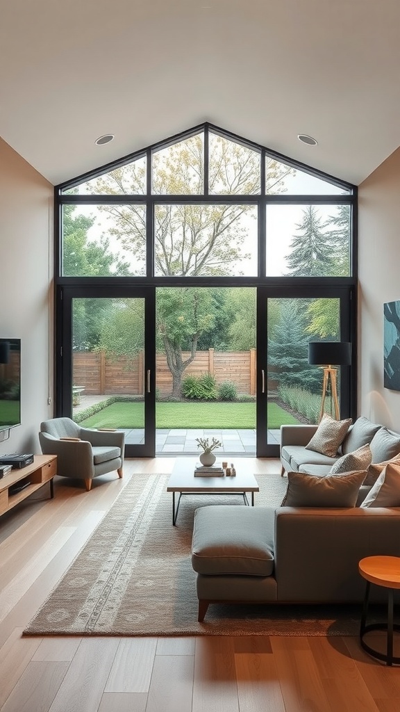 Coastal farmhouse living room with large windows showcasing outdoor views.
