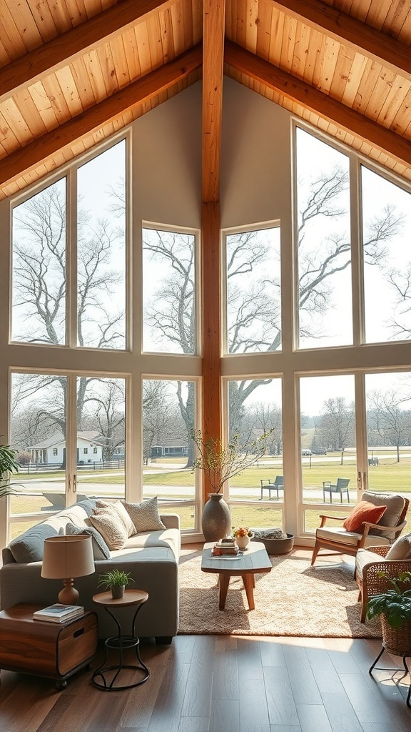 A bright farmhouse living room with large windows showcasing outdoor views of trees and a lawn.