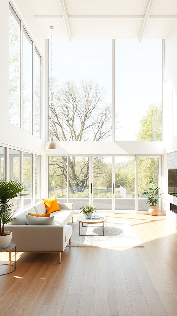 A bright contemporary farmhouse living room with large windows showcasing outdoor views.