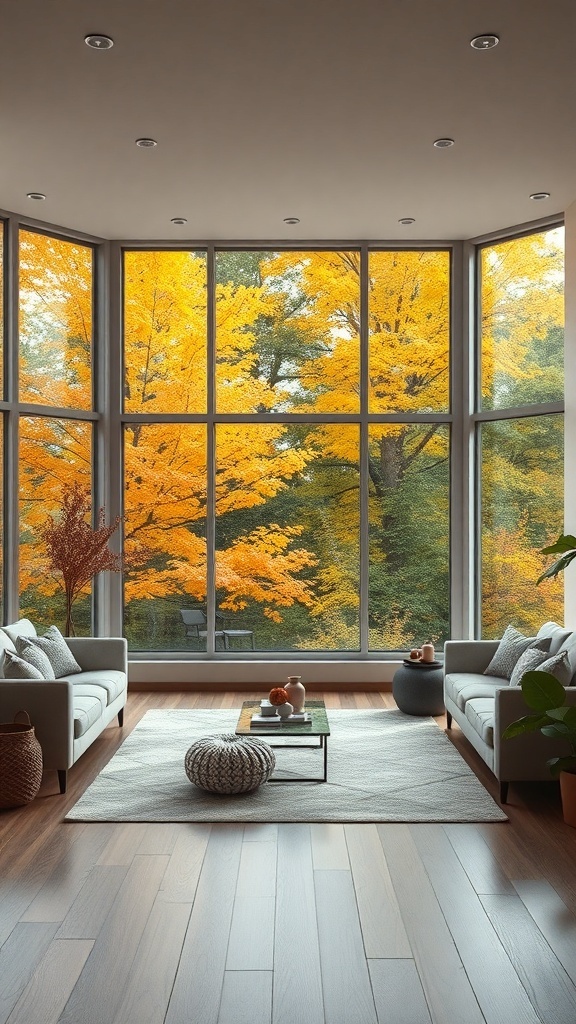 Cozy living room with large windows showcasing vibrant fall foliage.