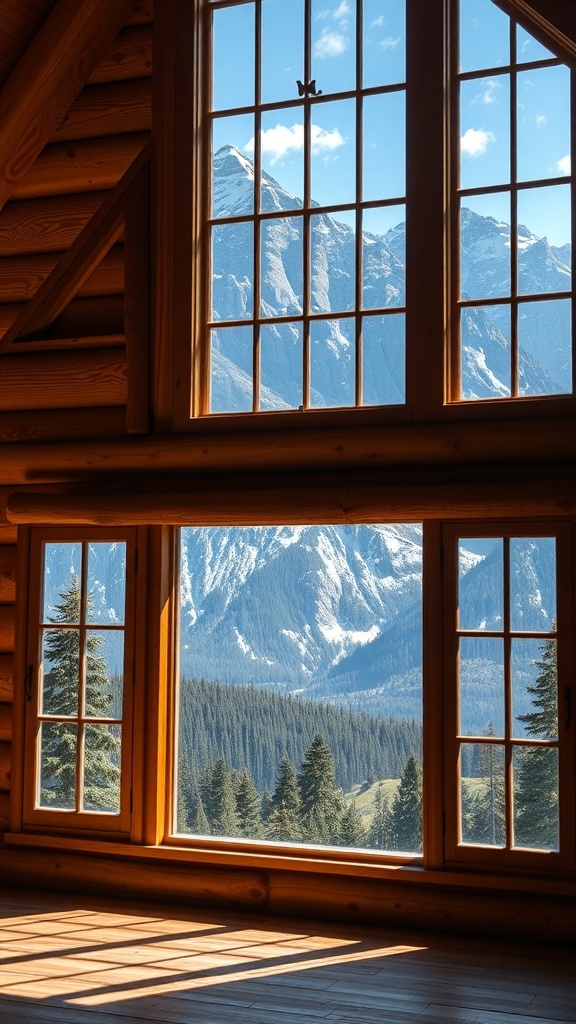 Interior view of a mountain cabin with large windows showcasing a scenic mountain landscape.
