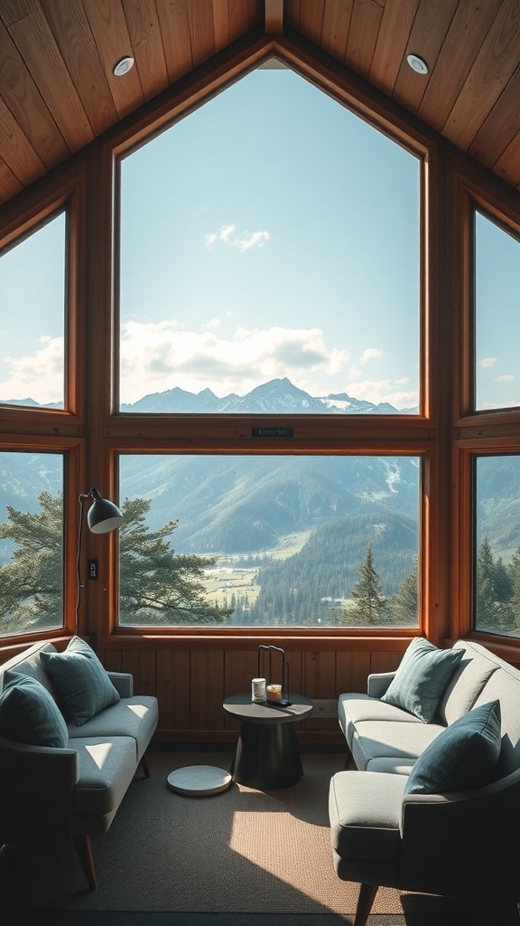Cozy cabin interior with large windows showcasing mountain views.