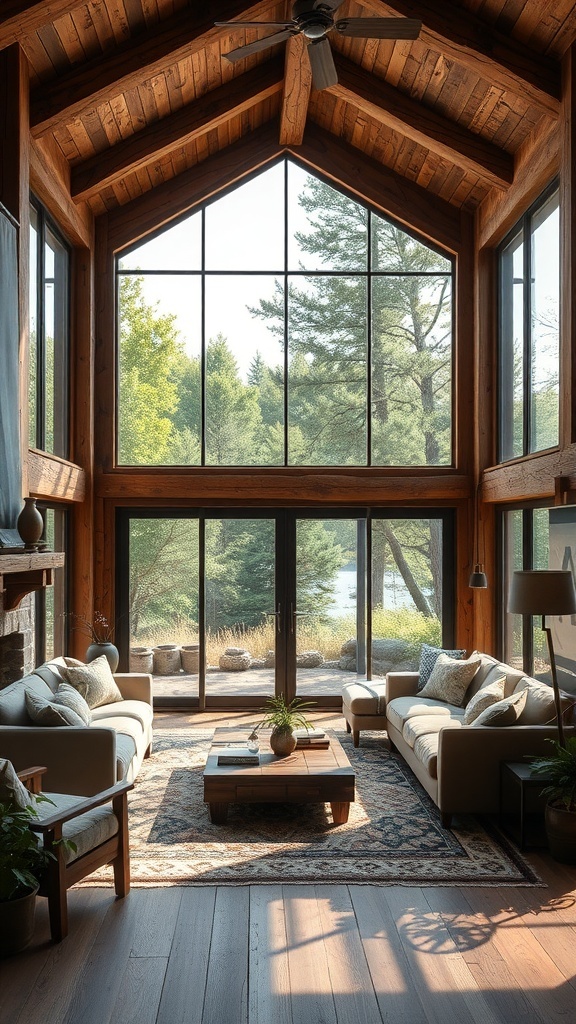 A rustic French country living room with large windows showcasing outdoor views.