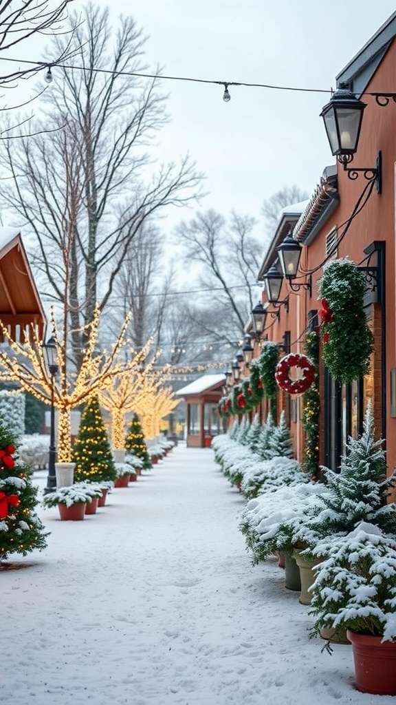 A snowy outdoor pathway lined with trees decorated with lights and festive wreaths.