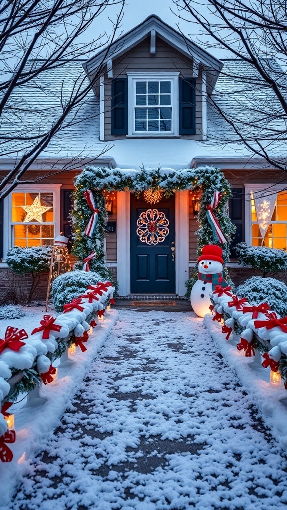 A cozy winter display featuring a snowman, festive lights, and decorated pathway.