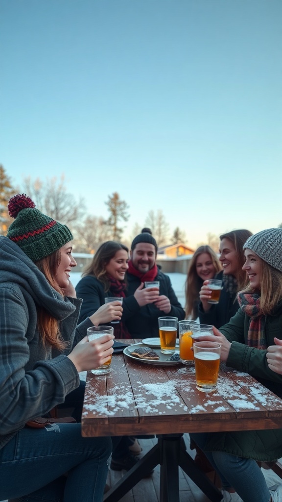 Group of friends enjoying drinks at an outdoor winter gathering.