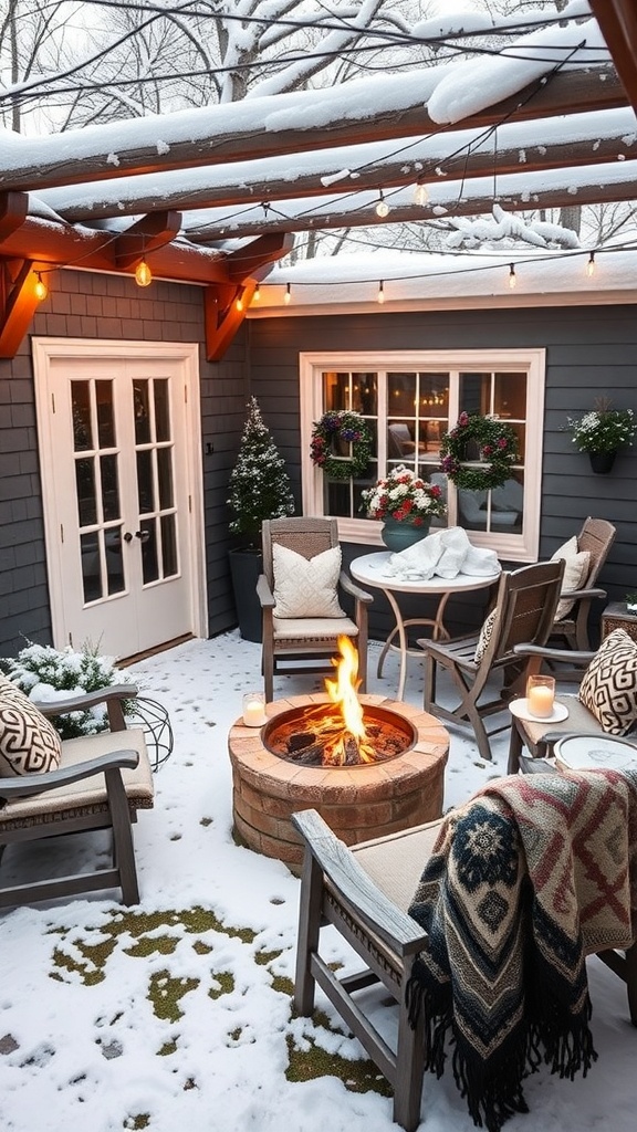 A cozy outdoor winter living area with a fire pit, seating, and snow-covered surroundings.