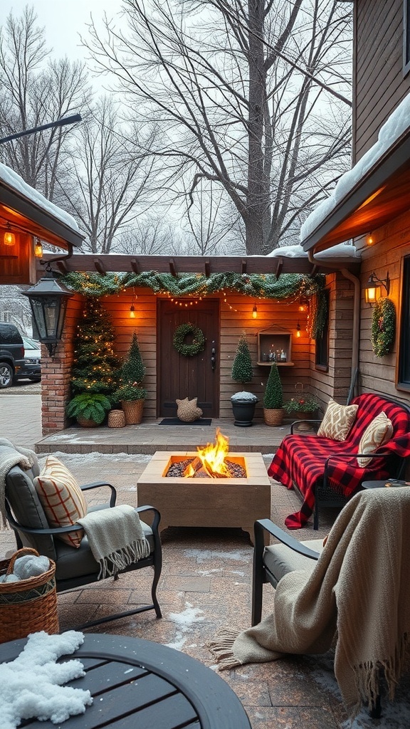 Cozy outdoor winter space with a fire pit, chairs, and festive decorations.
