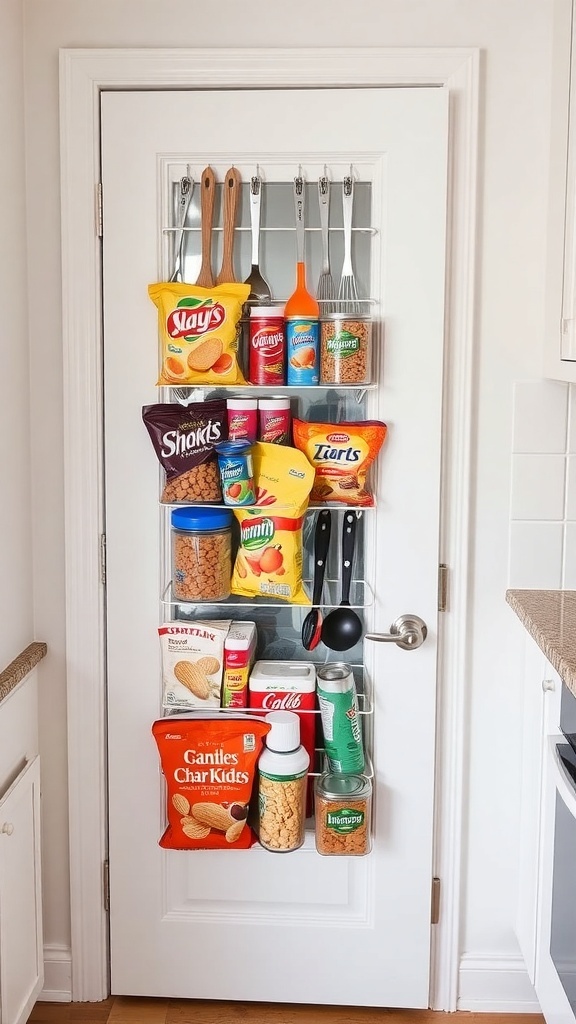 A door with an over-the-door organizer filled with snacks and kitchen tools.