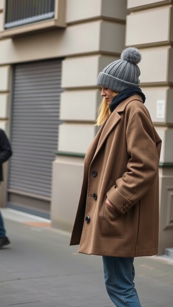 A woman wearing an oversized brown blazer and a grey knit beanie with a pom-pom.