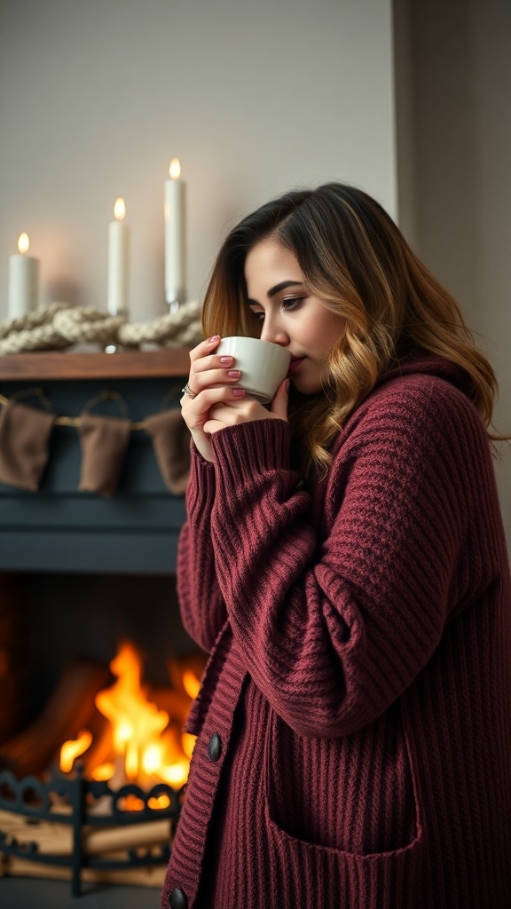 A woman in a maroon oversized cardigan holding a cup, standing by a fireplace with candles.