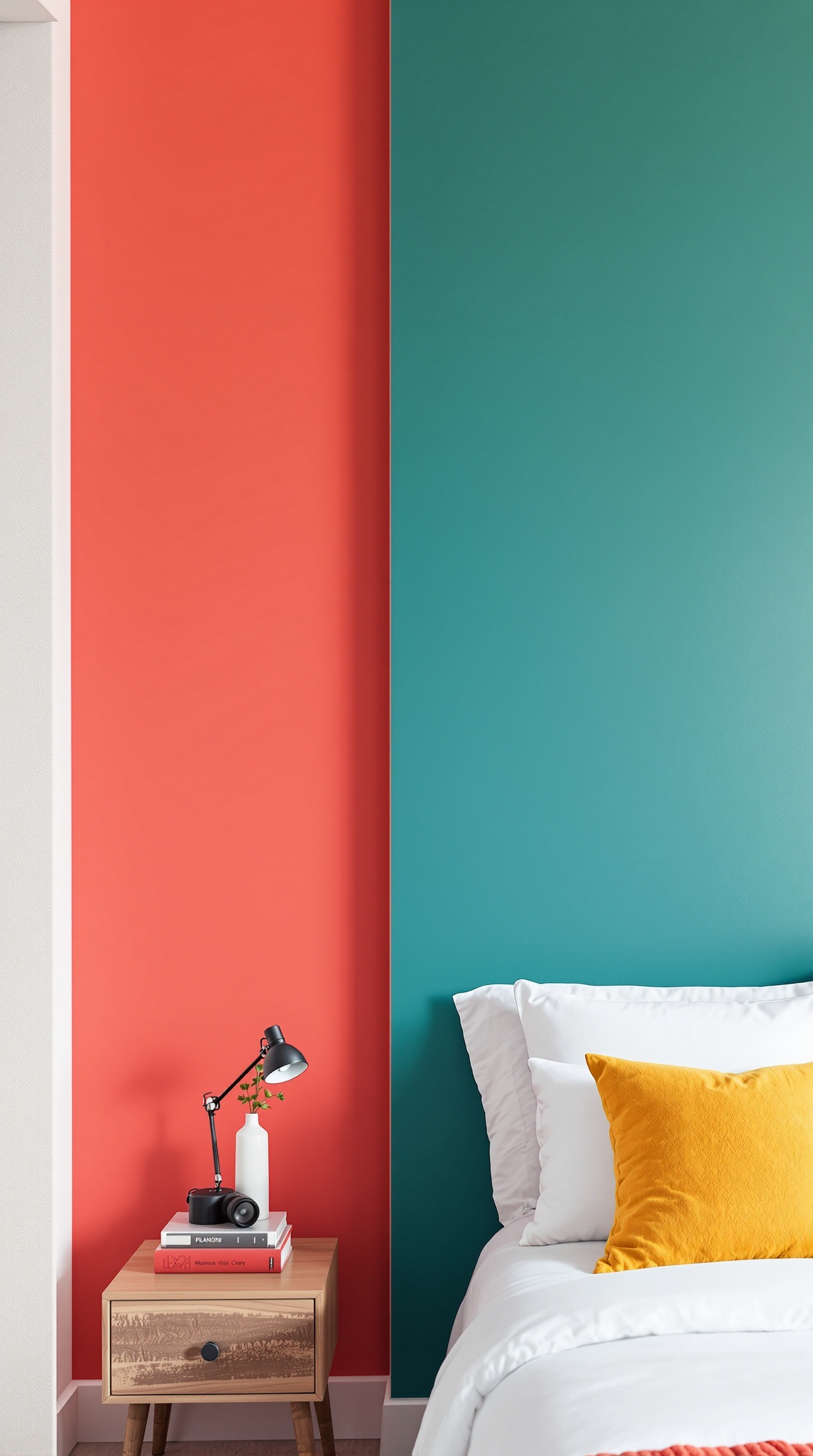 Bedroom with a gradient painted accent wall, modern headboard, and blue bedding.