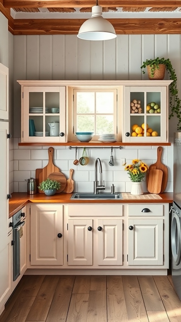 A cozy farmhouse kitchen with painted cabinets, wooden countertops, and natural decor.