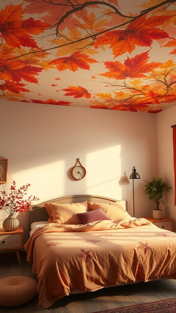 A cozy bedroom featuring a ceiling painted with autumn leaves in vibrant colors.