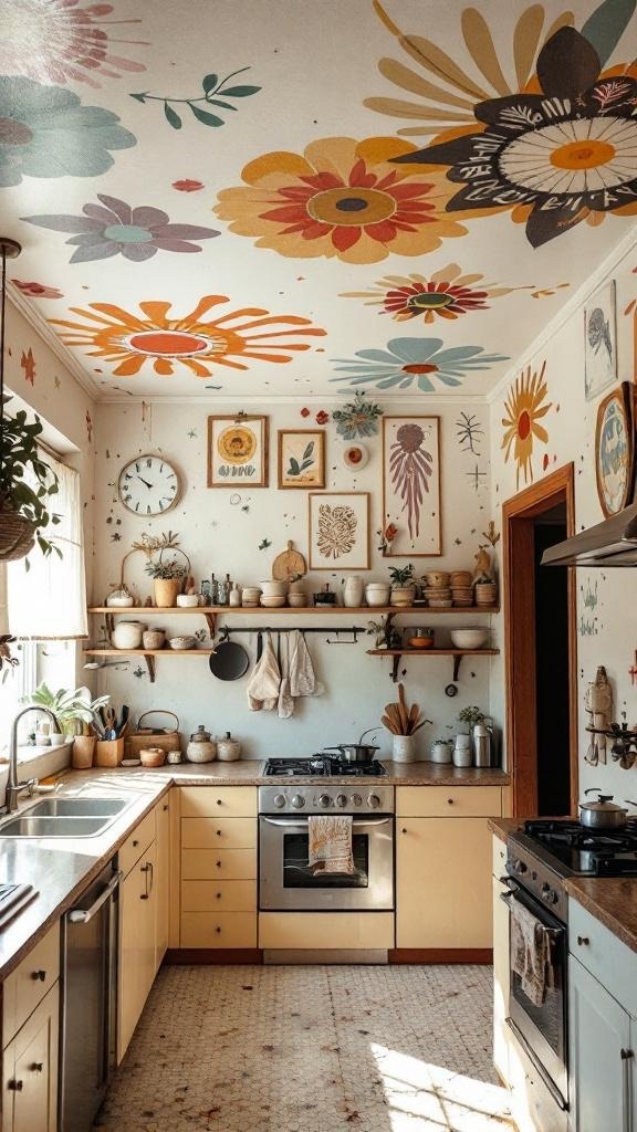 A kitchen with a colorful painted ceiling featuring floral patterns and warm-toned cabinetry.