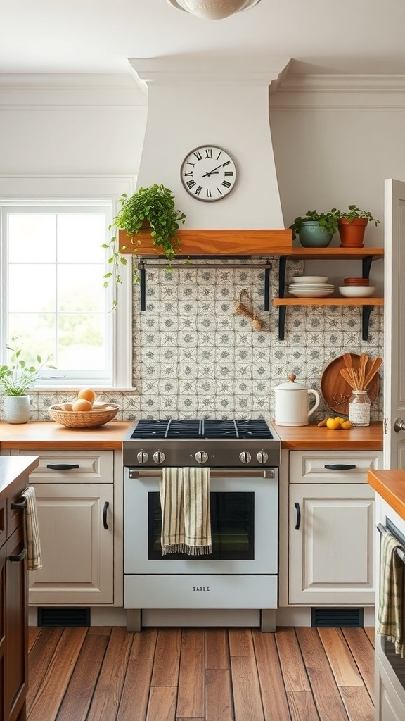 A modern farmhouse kitchen featuring a painted tile backsplash, wooden shelves, and a gas stove.