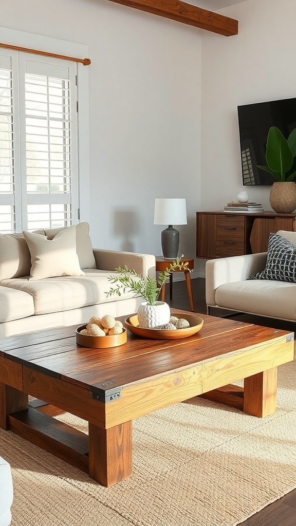 A rustic wooden coffee table in a modern living room setting.