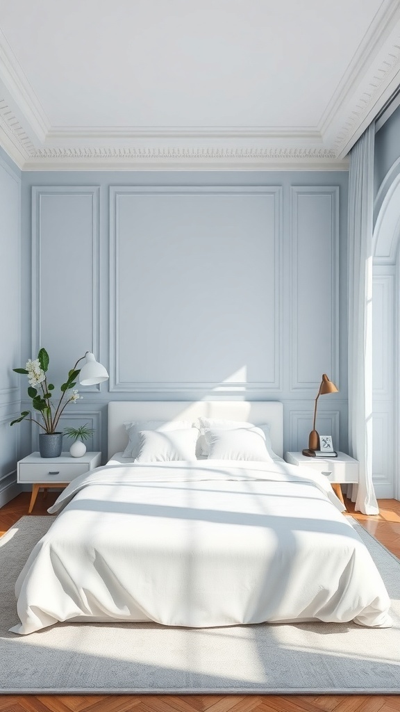 A serene bedroom featuring pale blue walls and white bedding, complemented by a touch of greenery.