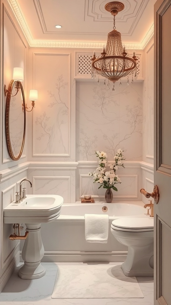A beautifully designed bathroom featuring pale blush highlights, white fixtures, and gold accents.