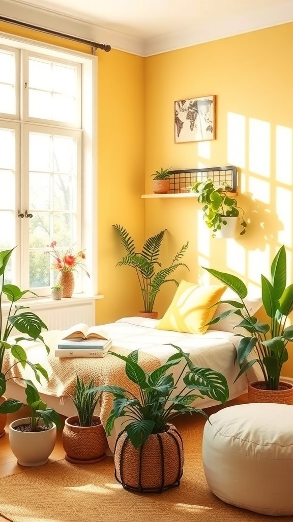 A cozy bedroom with pale yellow walls, plants, and a comfortable bed.