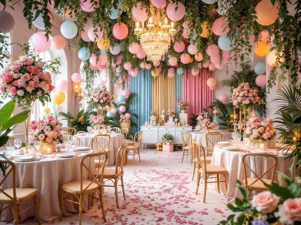 A beautifully decorated event space with pastel balloons, floral arrangements, and elegant table settings.