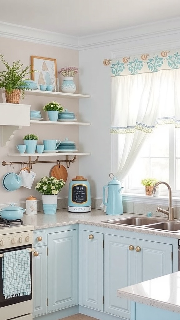 A pastel blue themed kitchen with light blue cabinets, shelves filled with blue kitchenware, and potted plants.