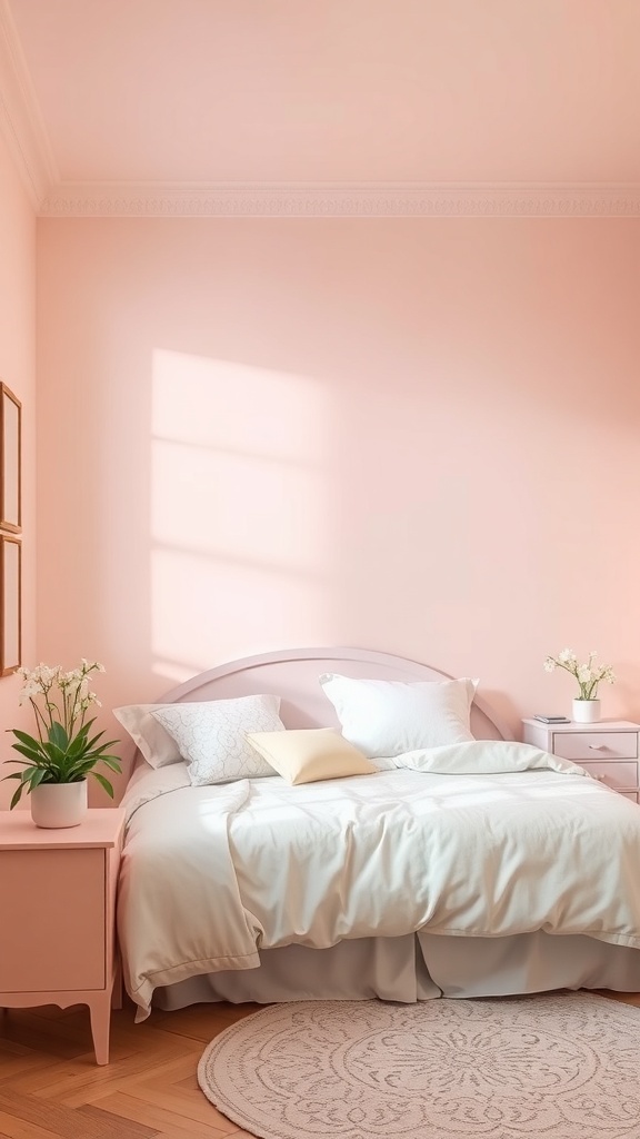 A pastel-themed bedroom with a pink wall, white bedding, and light-colored furniture.