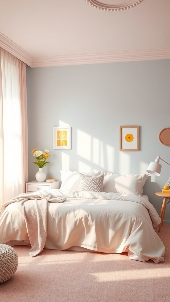 A cozy bedroom with pastel colors, featuring a soft blue wall, light pink accents, and fluffy bedding.