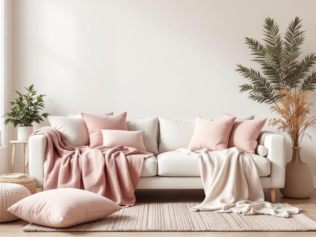 A cozy living room featuring a pastel color palette with a light sofa, pink cushions, and plants.