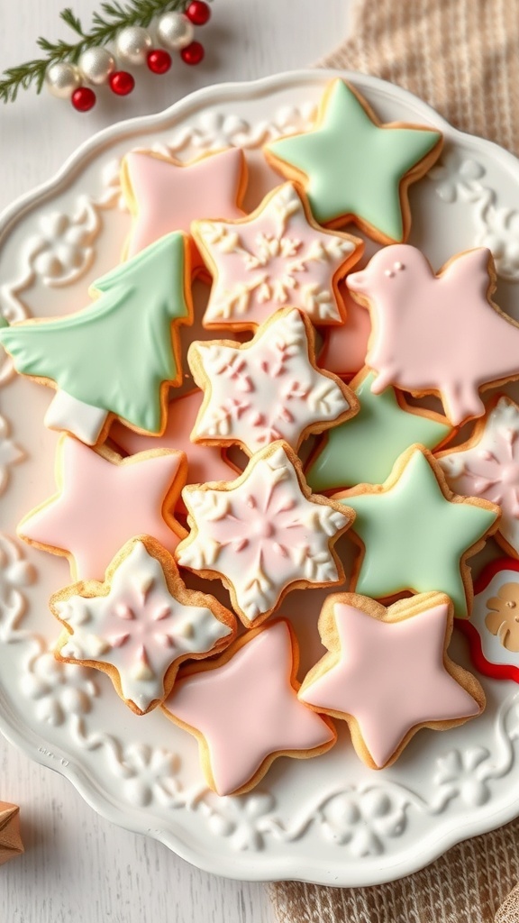A plate of pastel-colored Christmas cookies in various festive shapes.