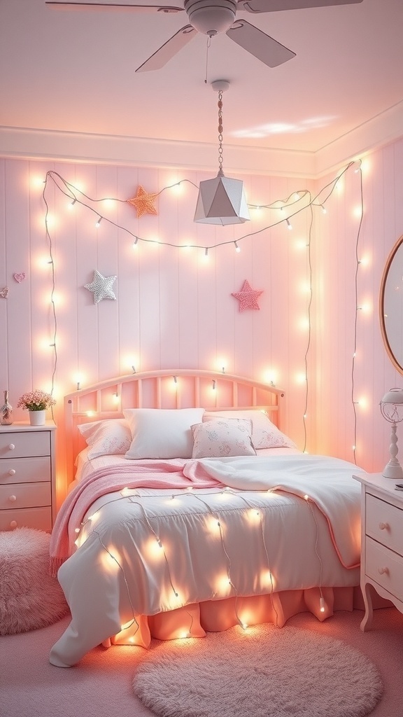 A pastel bedroom with fairy lights creating a warm glow.