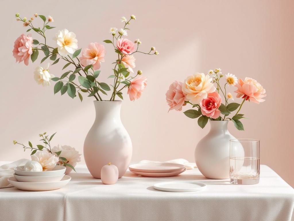 Pastel floral arrangements in vases with soft pink and white flowers on a table.