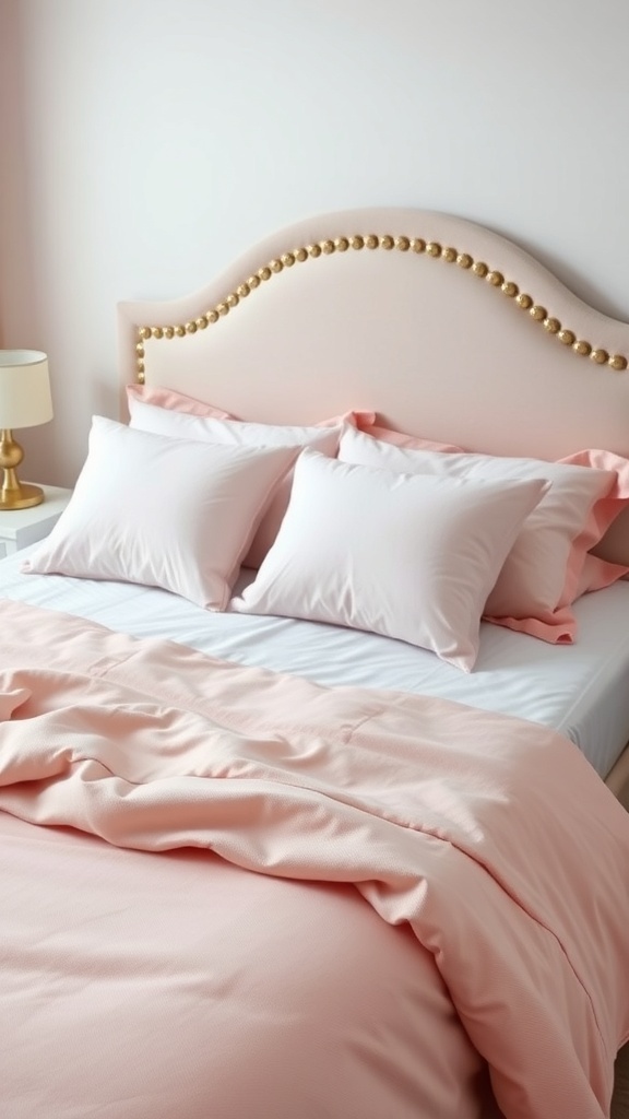 Soft pink bedding with white pillows and a decorative headboard.